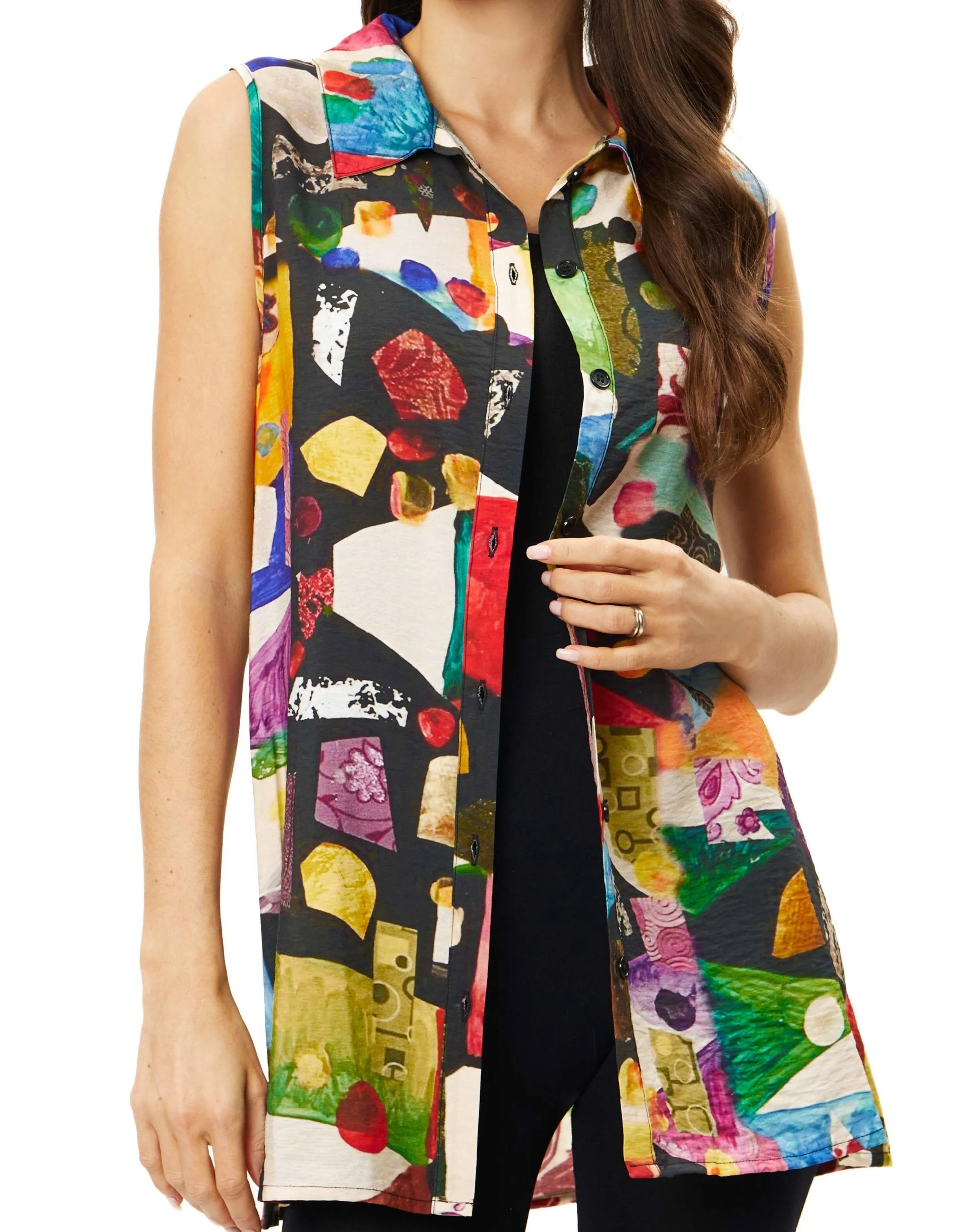 35K70 Mixed Media Button Down Top Layering Vest by Adore