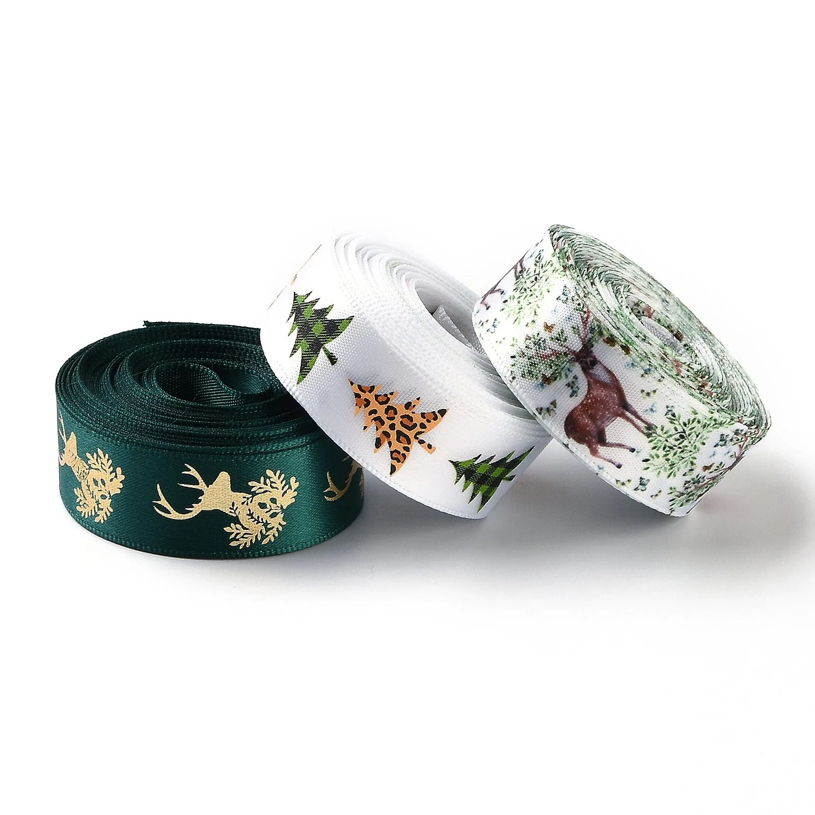7 Rolls Christmas Satin Ribbon, Polyester Ribbon, for Making Crafts, Gift Package, Christmas Themed Pattern, Dark Green, 5/8 inch(17mm), 5 yards/roll(4.57m/roll)