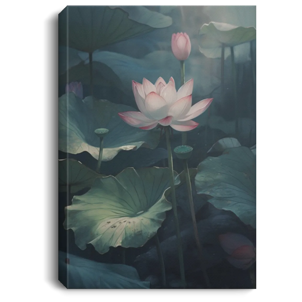A Close Up Of Lotus Leaf And Lotus Flower In Summer, Muted Colors Canvas