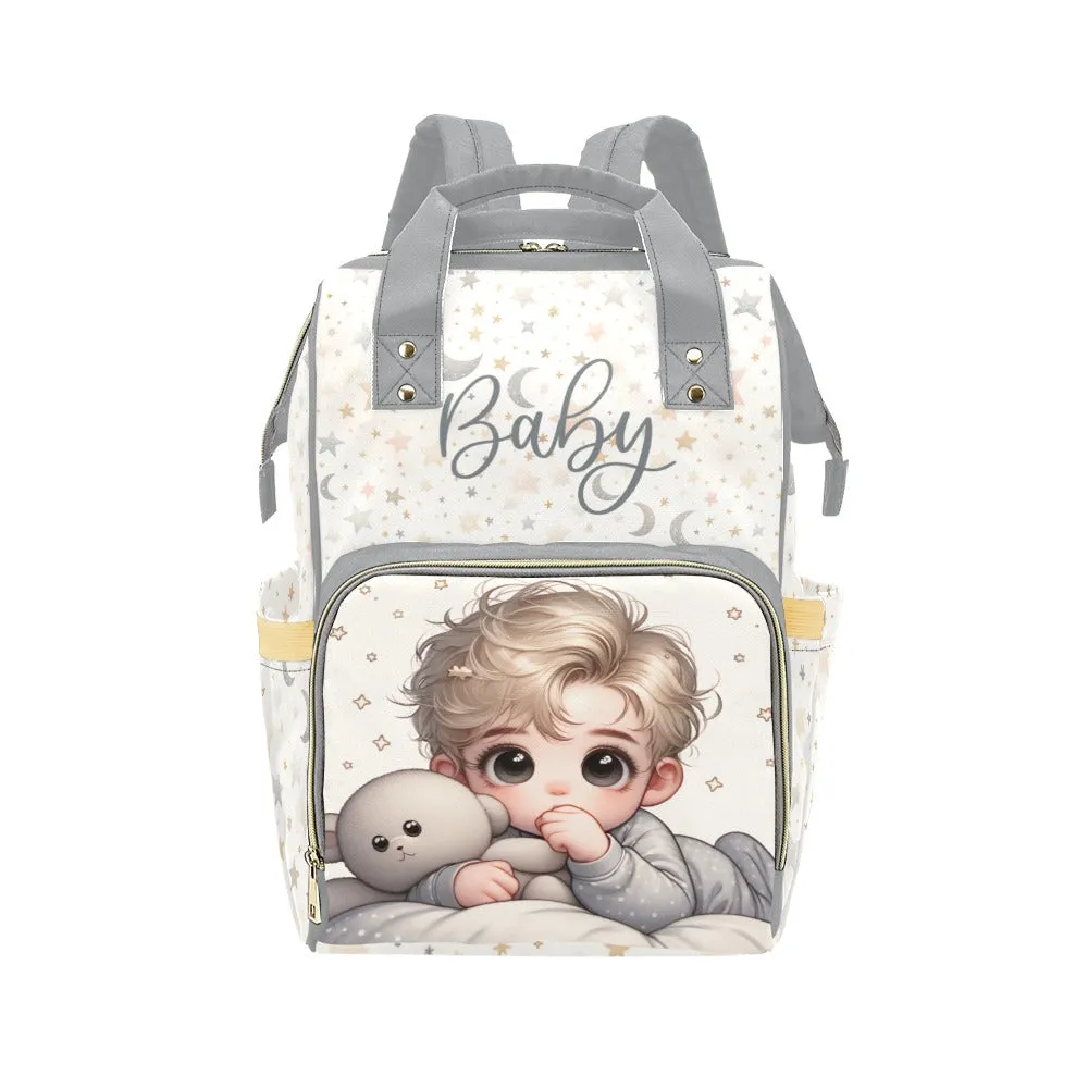 Baby Boy Blonde With Teddy Bear Moons and Stars Diaper Backpack Waterproof Backpack