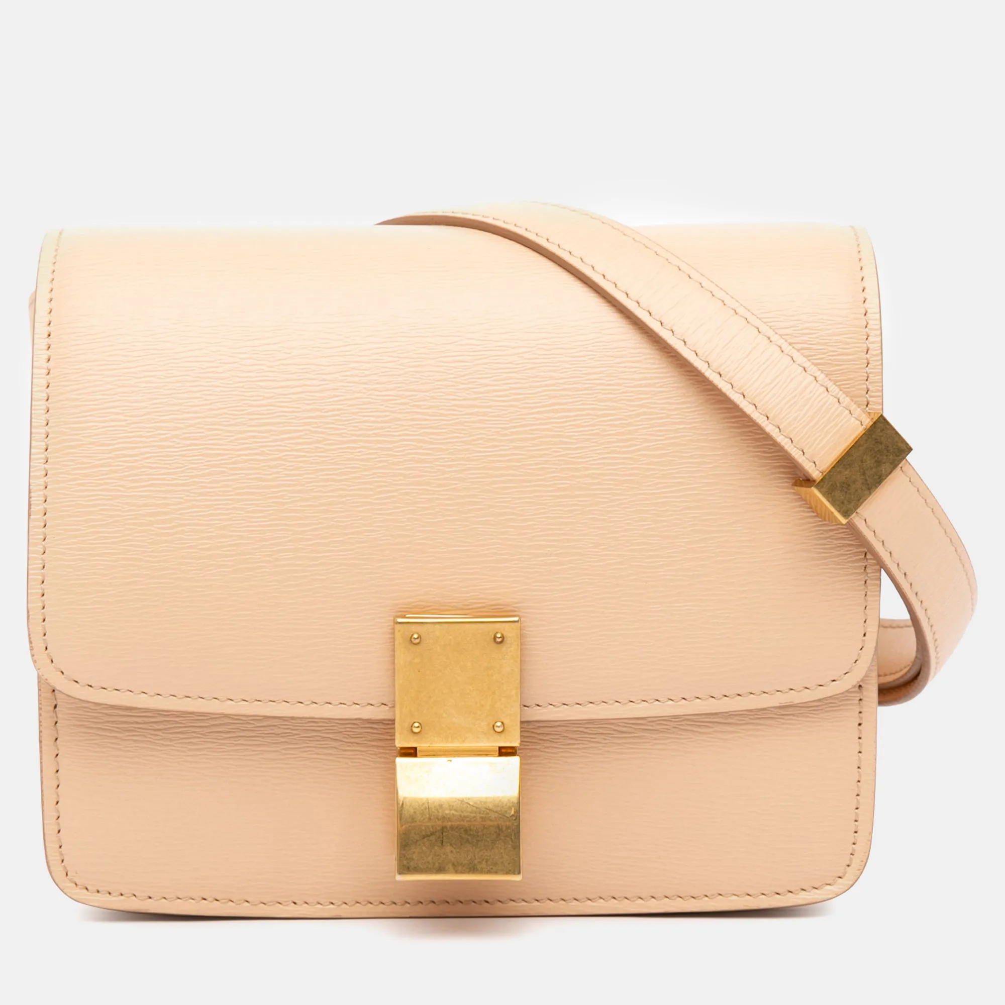Beige Leather Small Classic Box Shoulder Bag