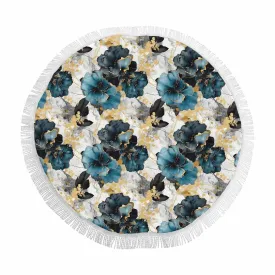 Blue & Gold Ink Floral  Circular Beach Shawl 59"