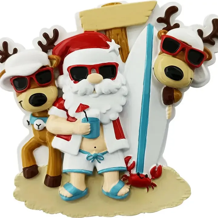 Ceramic Santa & Reindeer with Surf Board On The Beach Ornament