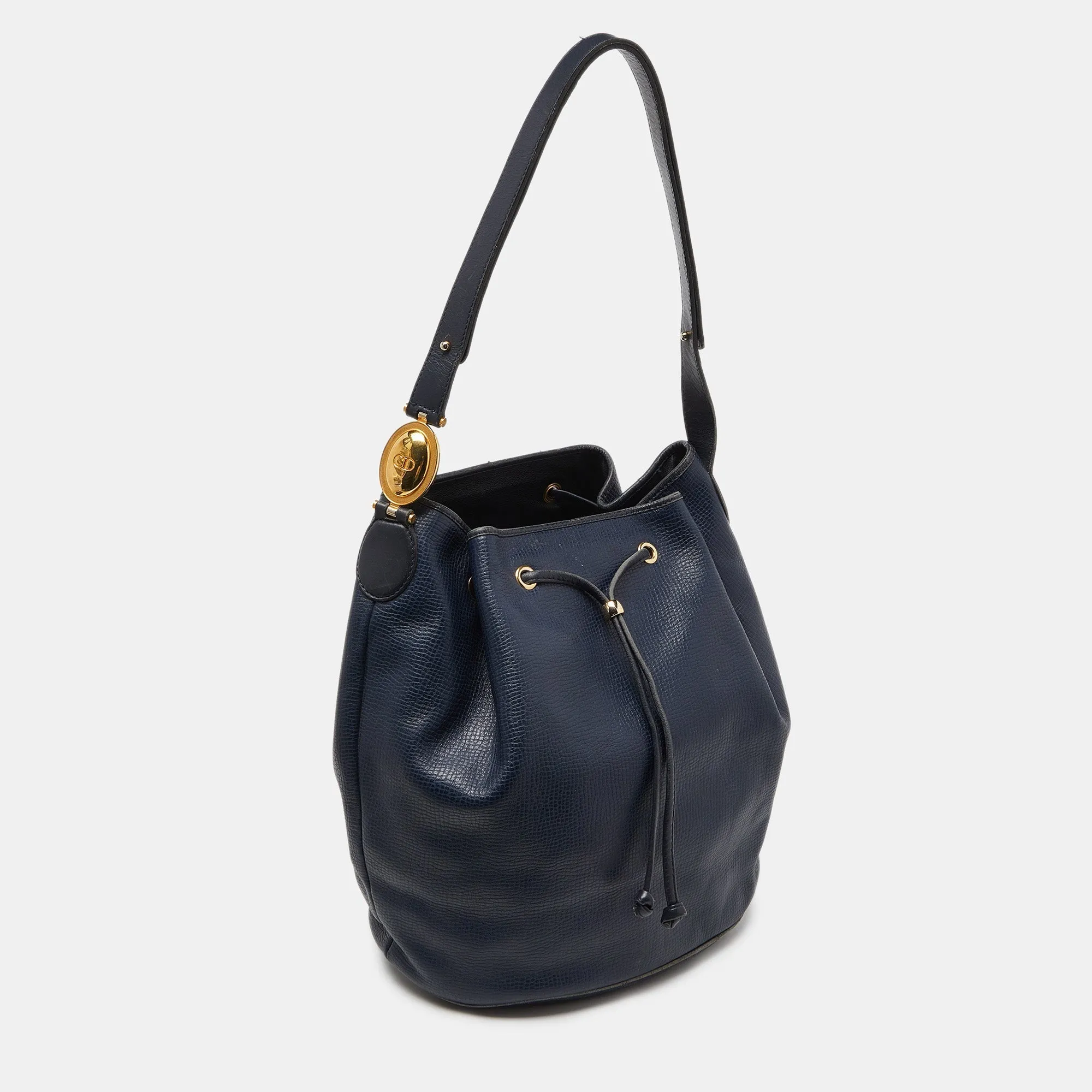 DIOR Blue Leather String Bucket Bag