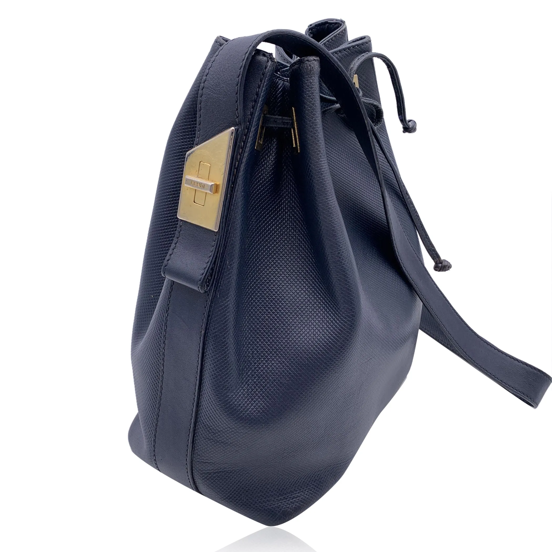 Fendi Vintage Blue Textured Leather Shoulder Drawstring Bucket Bag