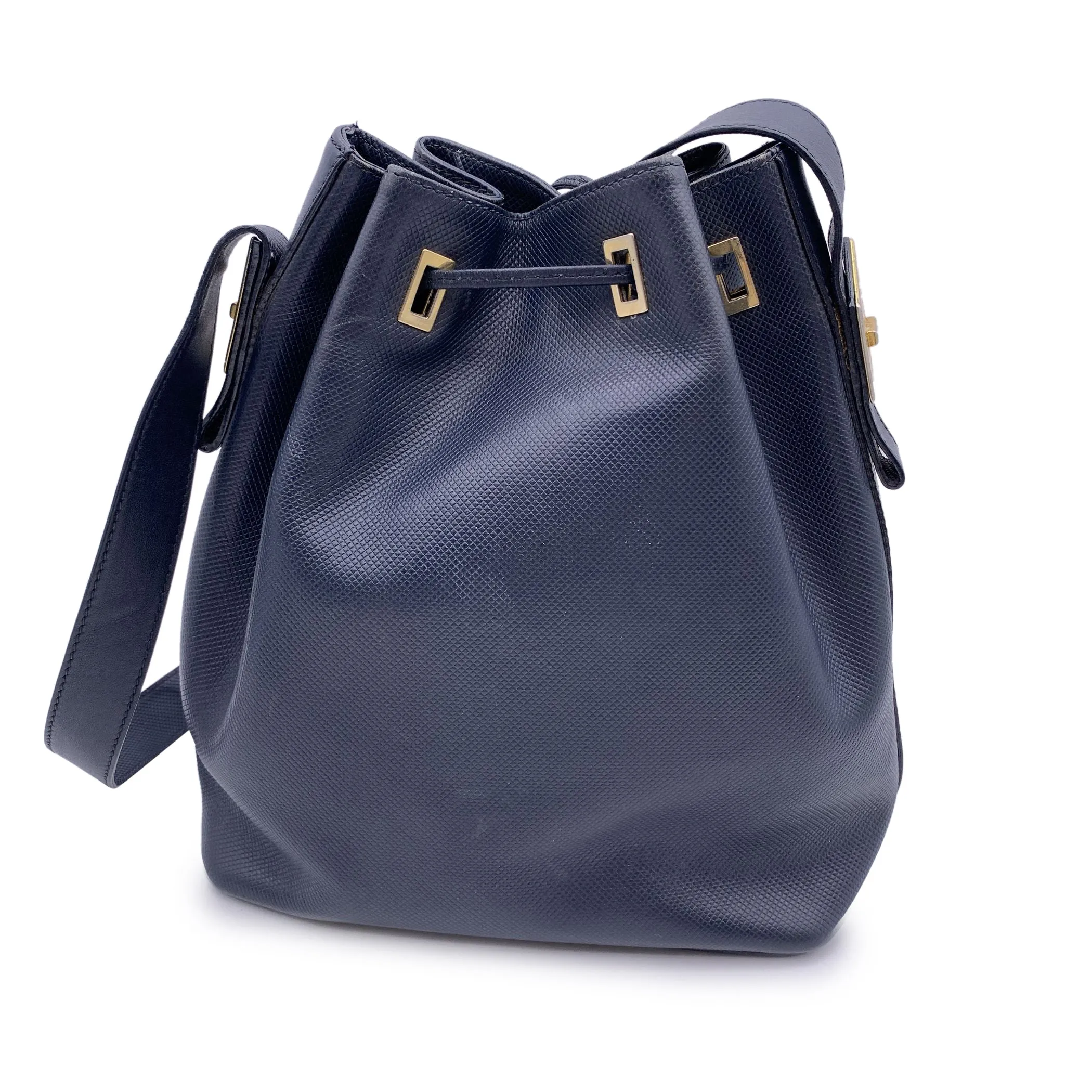 Fendi Vintage Blue Textured Leather Shoulder Drawstring Bucket Bag