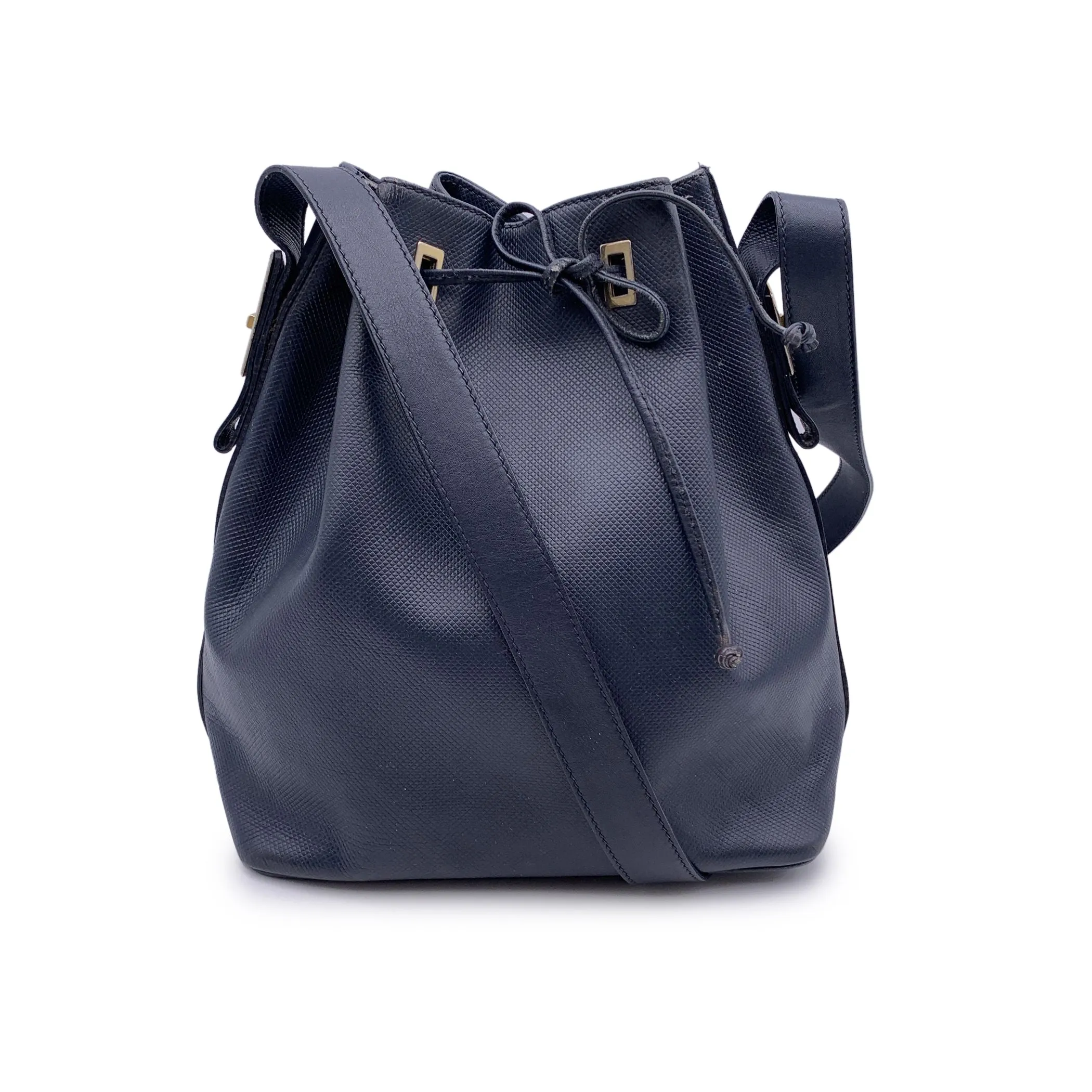 Fendi Vintage Blue Textured Leather Shoulder Drawstring Bucket Bag