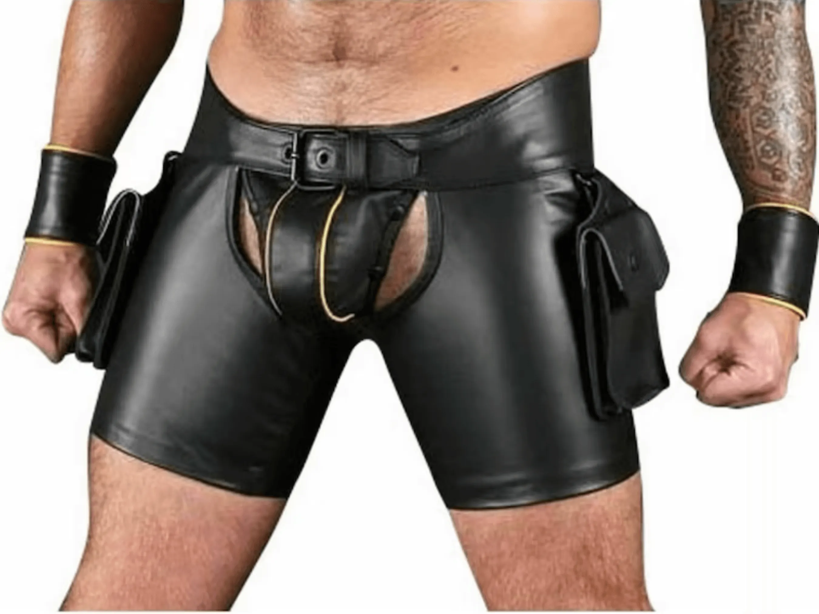 Fetish Wear Mens Gay Leather Shorts with Jockstrap