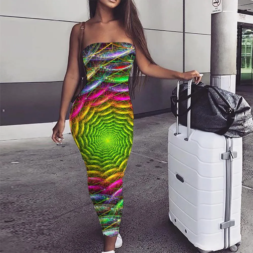 Geometric Dress Women Psychedelic Ladies Dresses Vortex Bodycon Dress Colorful sleeveless