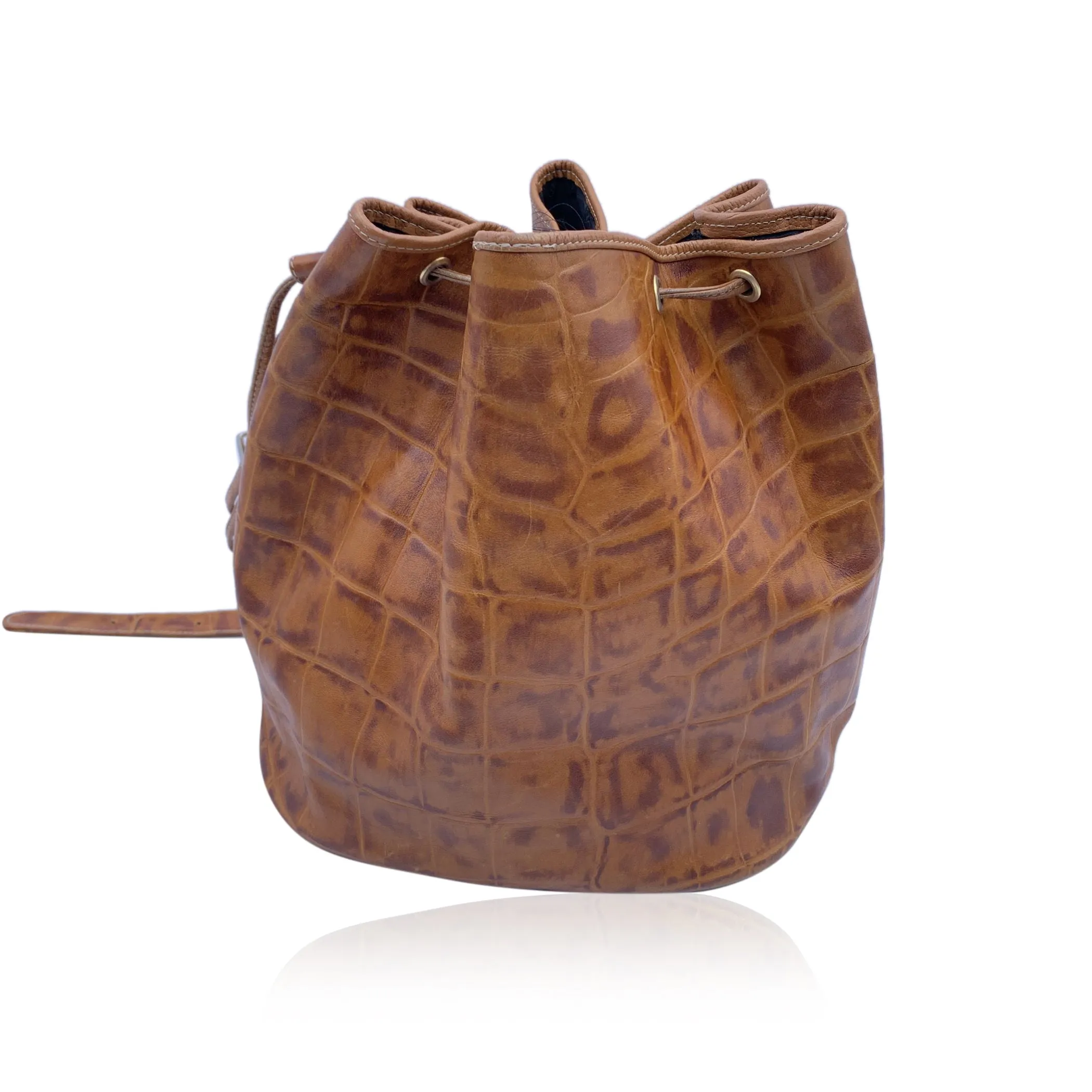 Gianfranco Ferre Vintage Embossed Brown Leather Bucket Bag