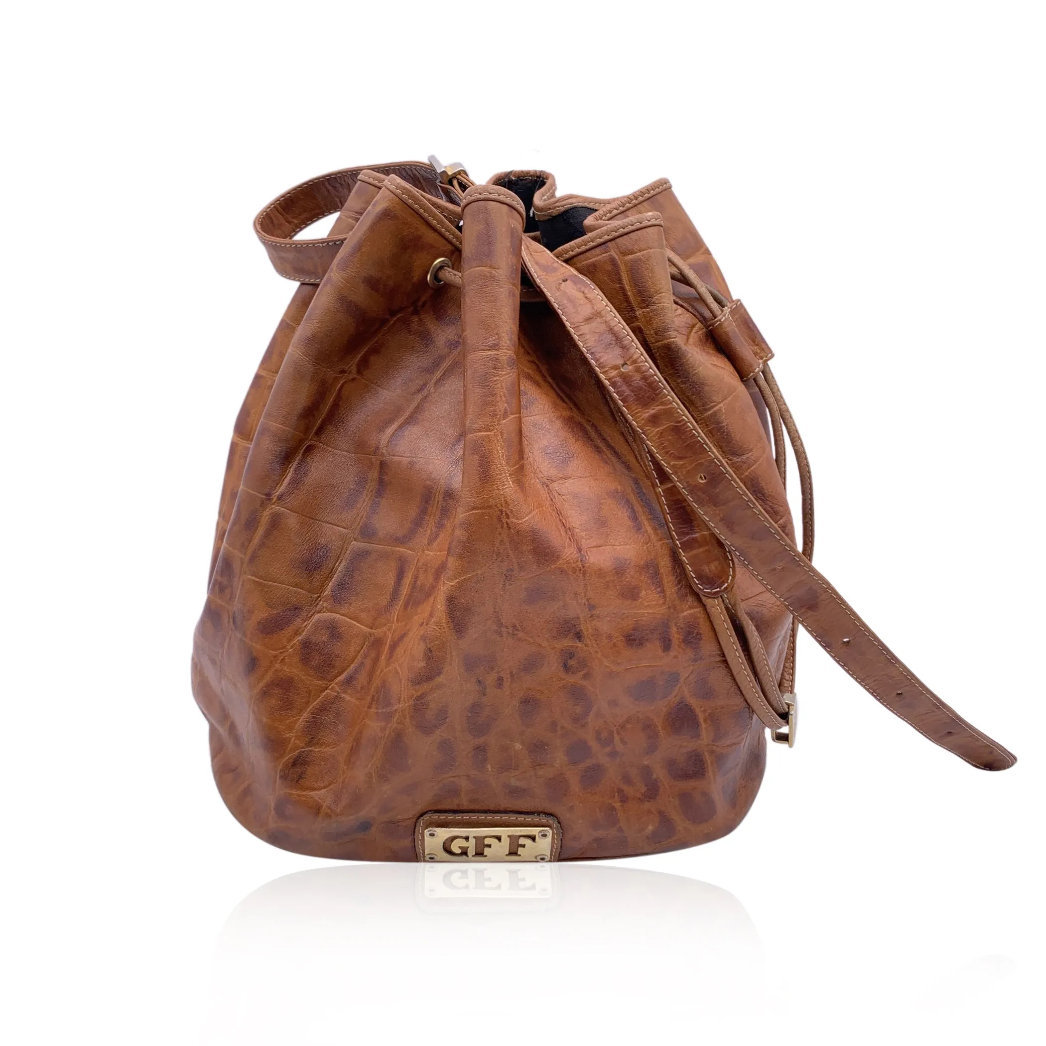 Gianfranco Ferre Vintage Embossed Brown Leather Bucket Bag