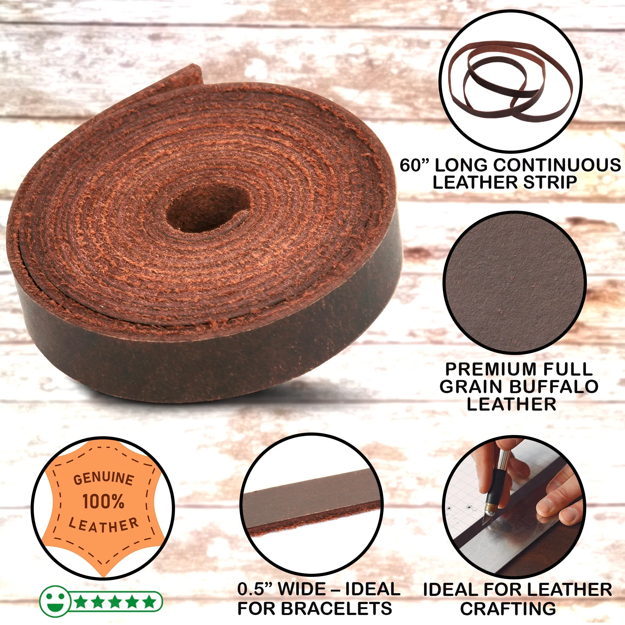 Leather Strap - Full Grain Buffalo Leather Strips for Crafts - 0.5" x 60" - Dark Brown