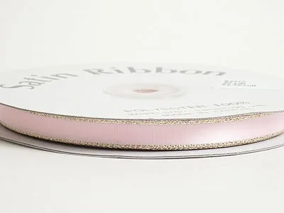 Light Pink with Gold Edge Satin Ribbon Lurex Edge - ( W: 1/8 Inch | L: 100 Yards )