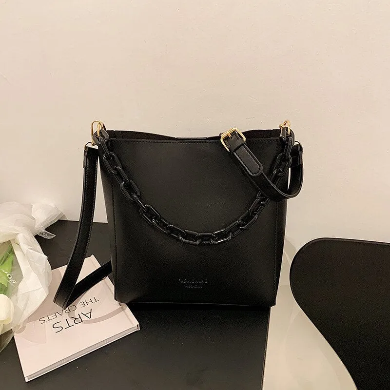PU Leather Bucket Crossbody Bags for Women 2021 Summer Trendy Lady Shoulder bags Acrylic chain Handbag and Purses composite bags