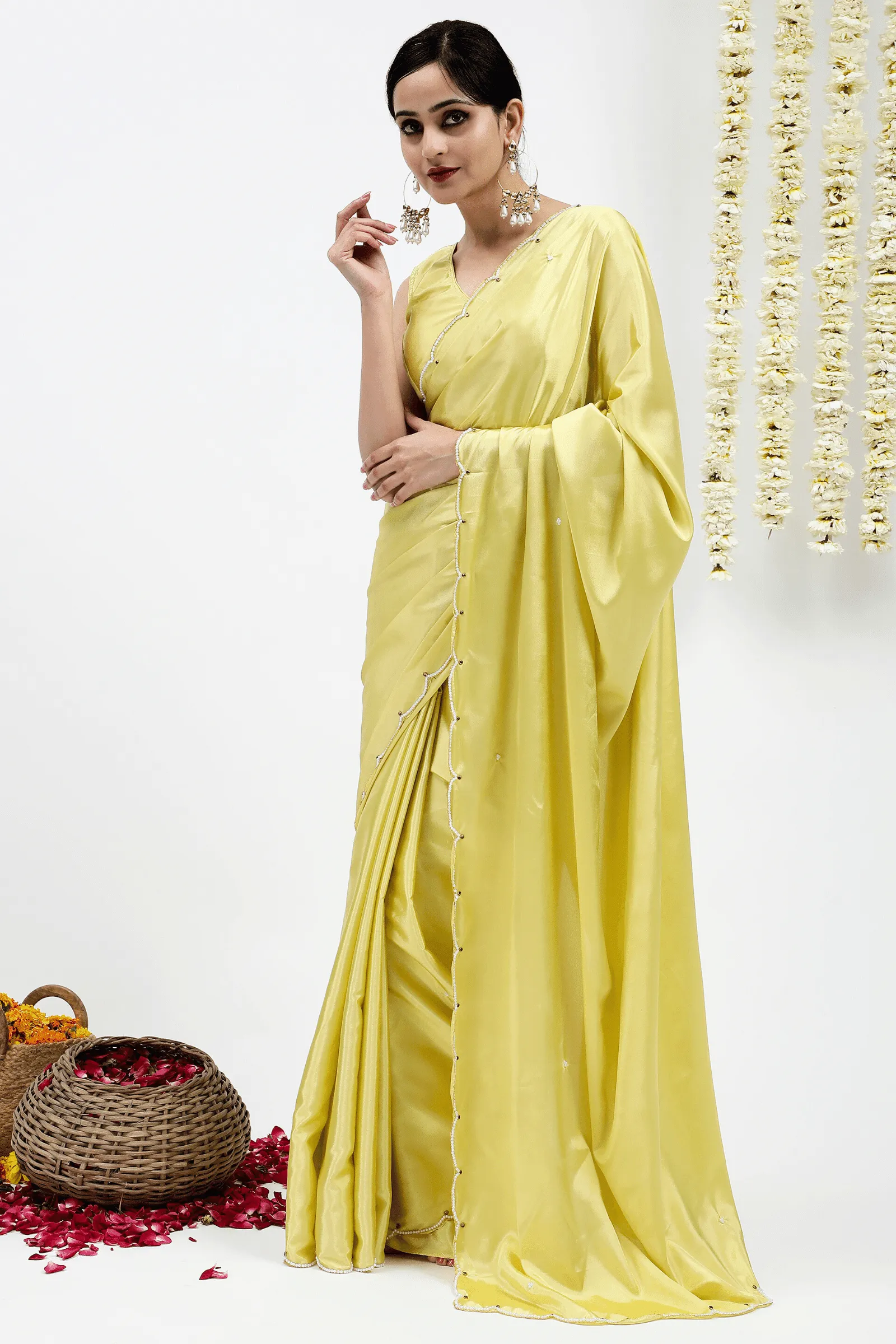 Ready To Wear Lime Yellow Georgette Satin Saree