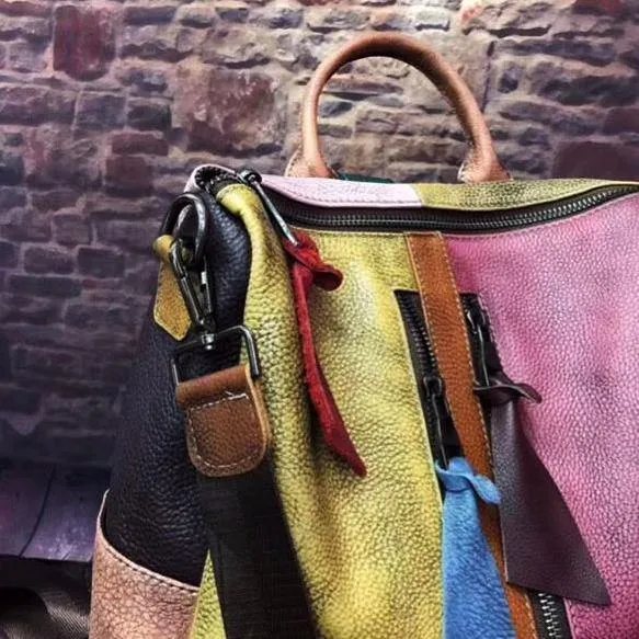 Retro Color Block Handbag Genuine Leather Backpack for Women