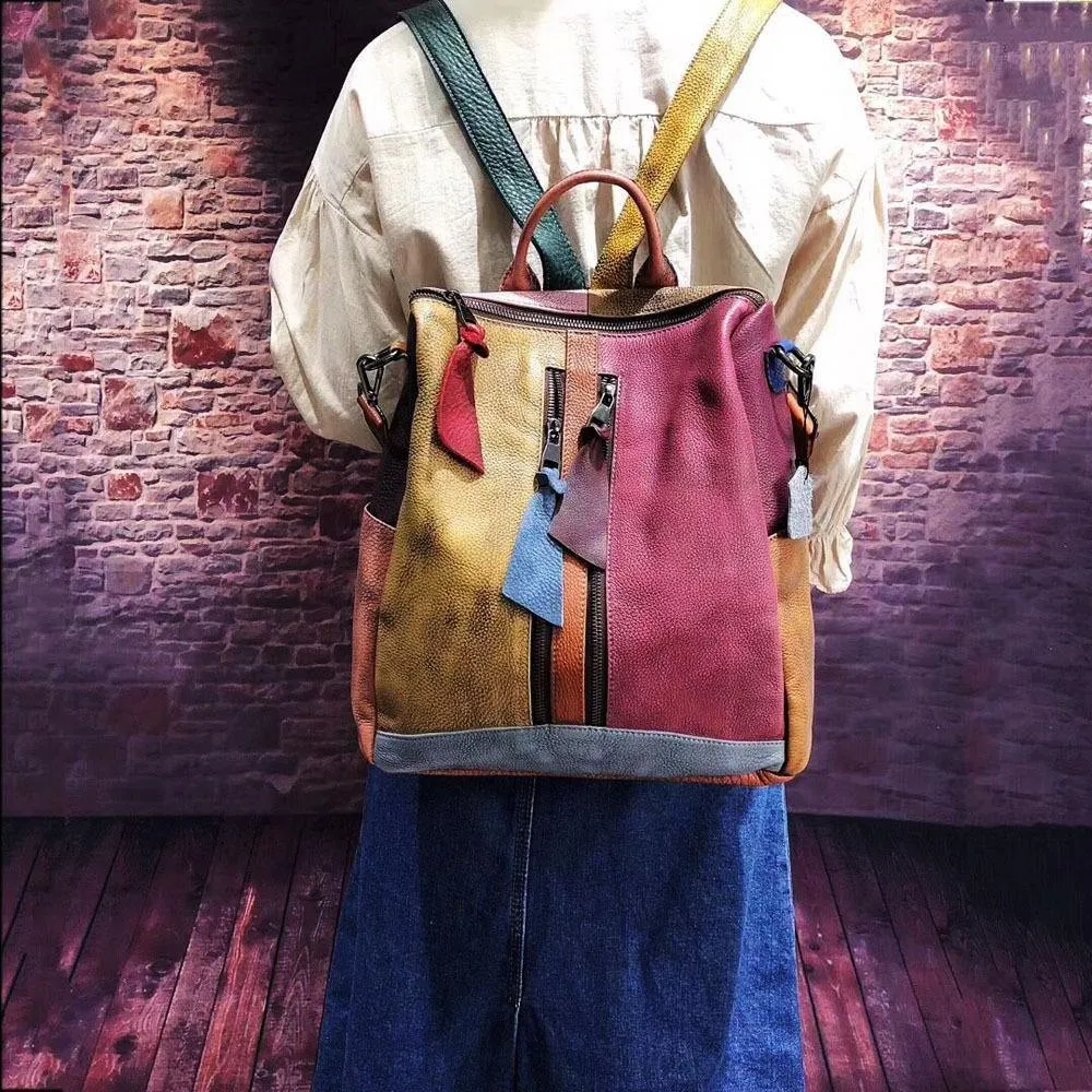 Retro Color Block Handbag Genuine Leather Backpack for Women