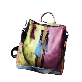 Retro Color Block Handbag Genuine Leather Backpack for Women
