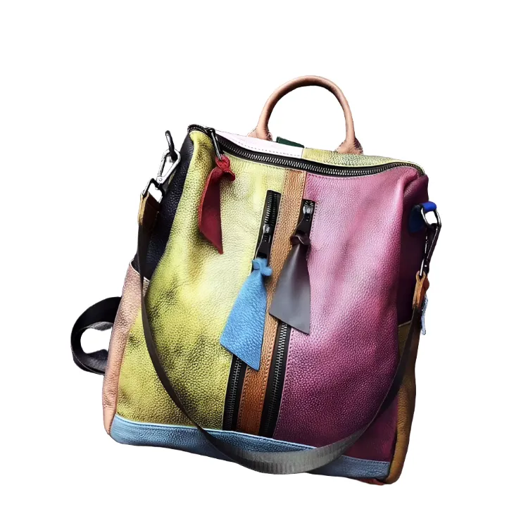 Retro Color Block Handbag Genuine Leather Backpack for Women