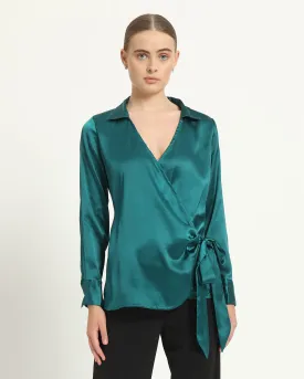 Satin Wrap V Neck Deep Teal Shirt