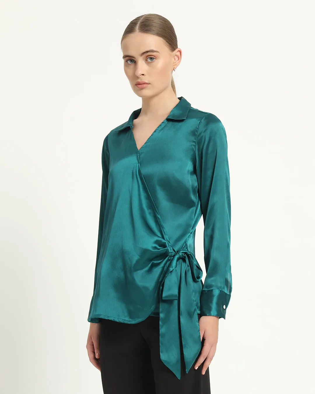 Satin Wrap V Neck Deep Teal Shirt