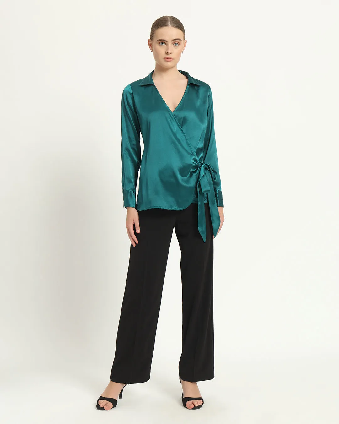 Satin Wrap V Neck Deep Teal Shirt