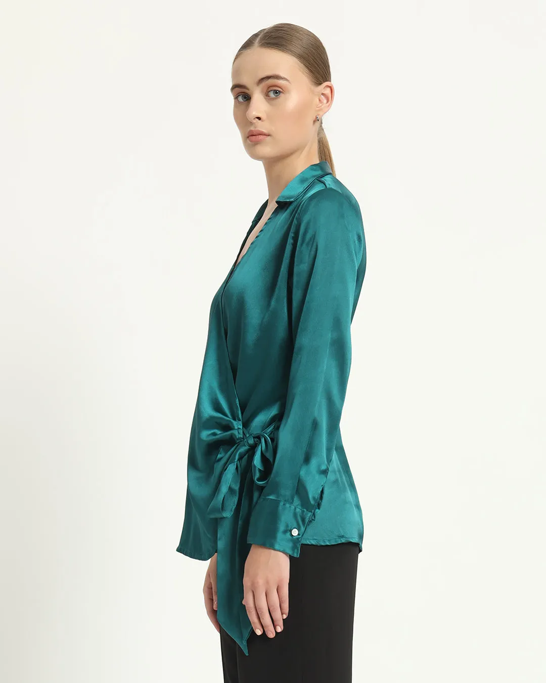 Satin Wrap V Neck Deep Teal Shirt