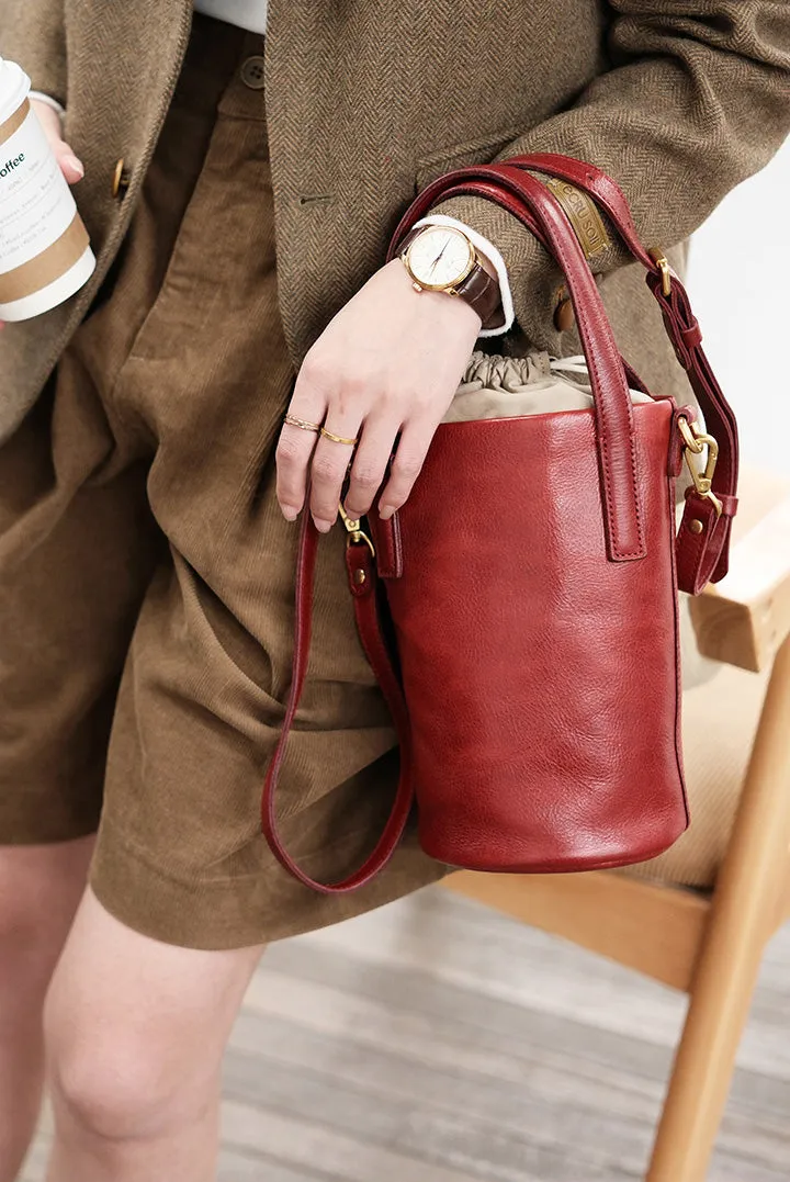 Vintage Women's Leather Drawstring Bucket Bag Leather Crossbody Purse