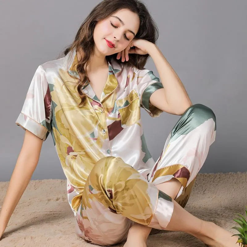 Women's Floral Print  Satin Short Pajamas Set