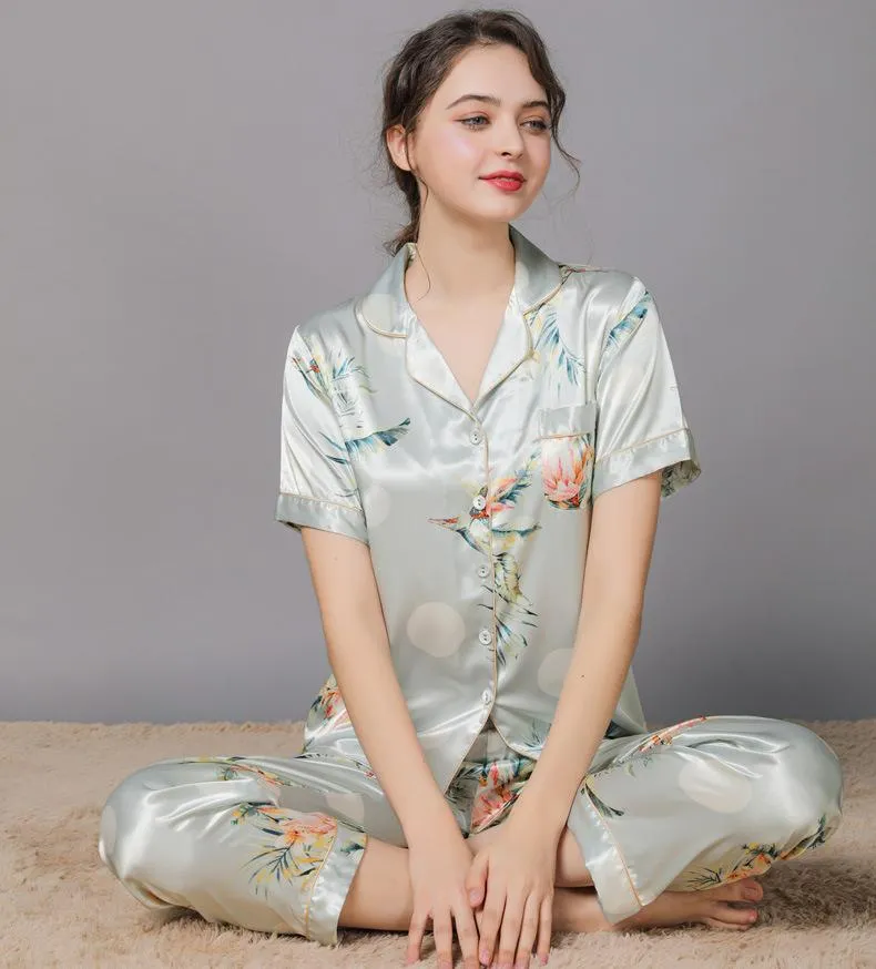 Women's Floral Print  Satin Short Pajamas Set