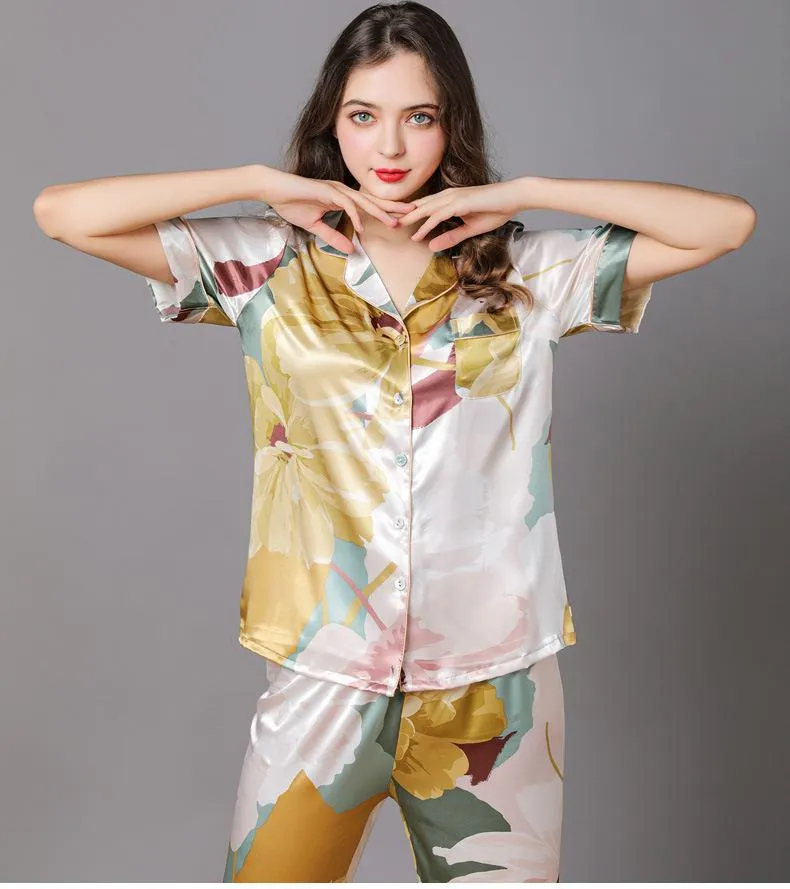 Women's Floral Print  Satin Short Pajamas Set