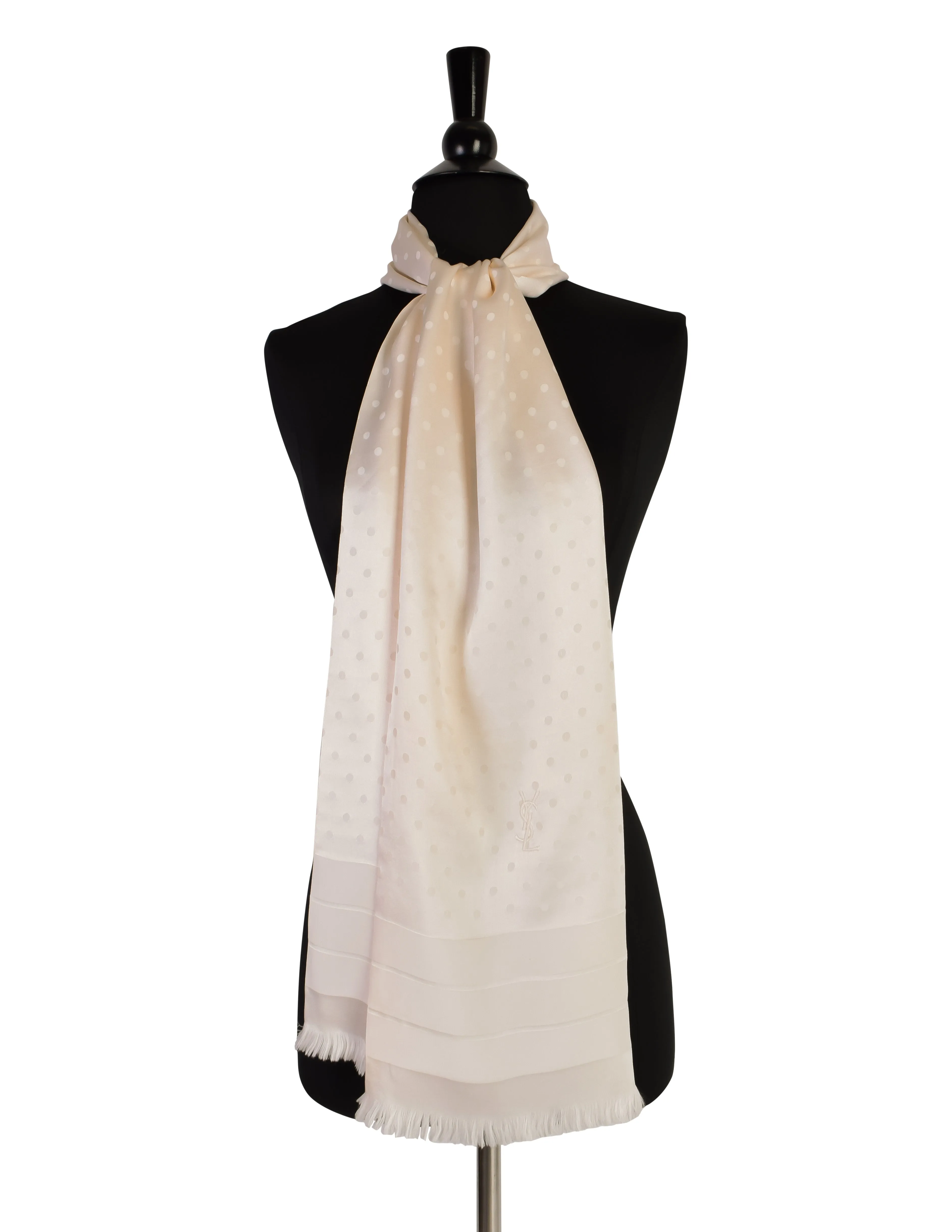 Yves Saint Laurent Vintage Cream Polka Dot Silk Jacquard Oblong Rectangular Scarf